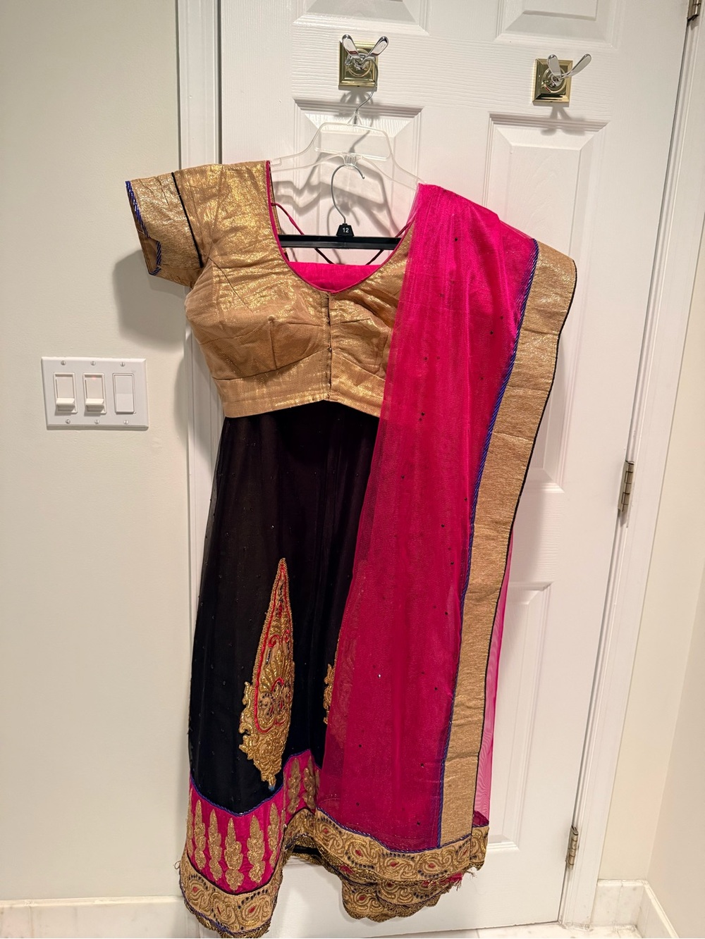 Black & Pink Embroidered Anarkali Lehenga with Gold Bodice